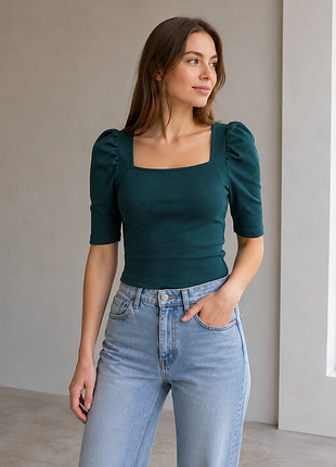 Блуза shein xl зеленая с квадратным вырезом и объемными рукавами