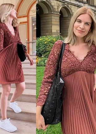 Терракотовое платье кружево плиссе размер м zara