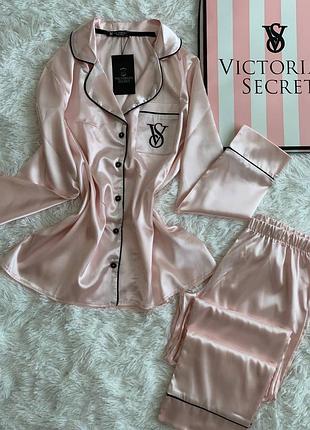 🕊жіноча шовкова піжама ❤️ victoria's secret колір пудра