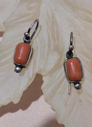 Серьги серебряные, кораллы, винтаж советский