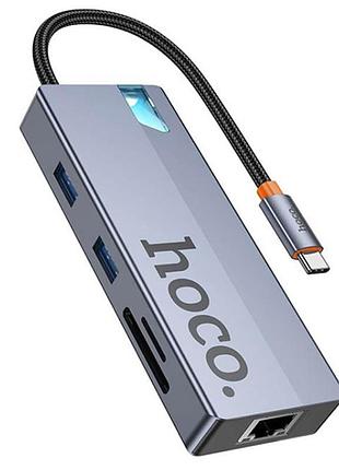 Перехідник hub hoco hb52 wow 8in1 (type-c to hdtv+rj45+sd/tf+pd+type-c3.0+2xusb3.0) deep space gray