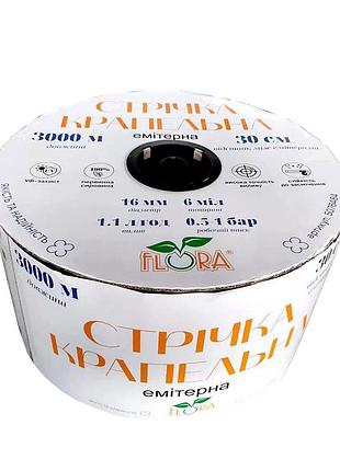 Стрічка крапельна з плоским евітером ø16 мм 30 см 6 мм 1.1 л 3000 м flora (5076484)