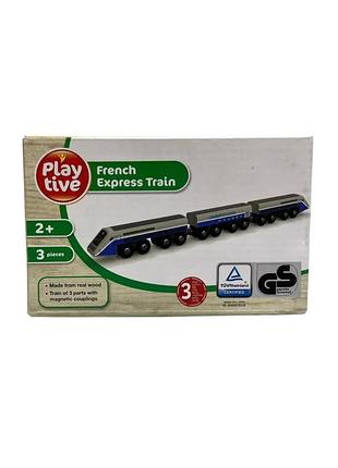 Дерев'яний іграшковий поїзд playtive french express train, що складається з трьох частин.