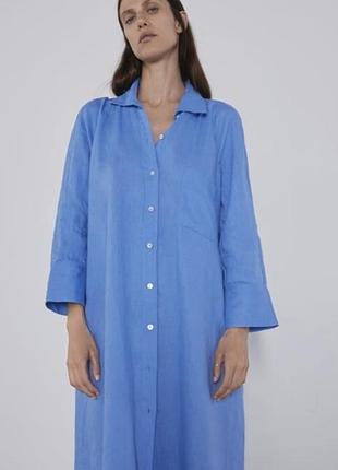 ​🩵 льняное базовое платье-рубашка zara л (oversize) — в трендовом васильковом цвете миди длины премиального качества
