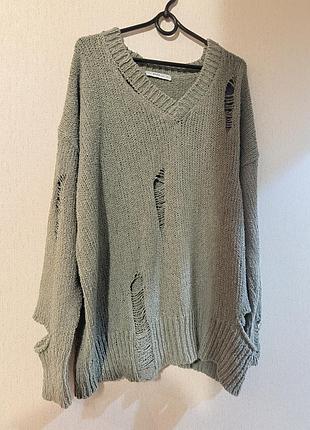 Оверсайз светр zara knit з рваним декором та v-вирізом (оливковий / фісташковий), розмір s
