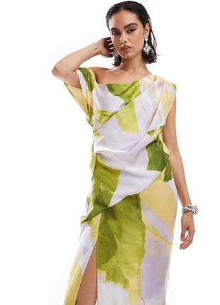 Атласна сукня міді asos design з відкритими плечима та розрізом у кольорі лайм