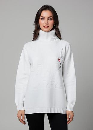 Женский свитер белый цвета с высоким горлом и узором косы kiss me xl-xxl