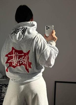 Жіноче худі оверсайз stussy сіре (толстовка з капюшоном і принтом на спині) 42-46