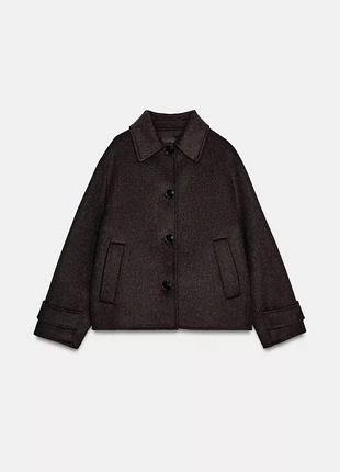 Пальто шерсть шерстяне коротке коричнева з вовною zara зара