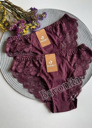 Трусики сліпи (2шт) бавовняні з мереживом marabut жіночі бордові (l) арт: 8182-1