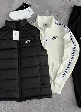 Молочный/черный костюм nike + жилетка найк черная на весна/лето/осень s / m / l / xl / xxl