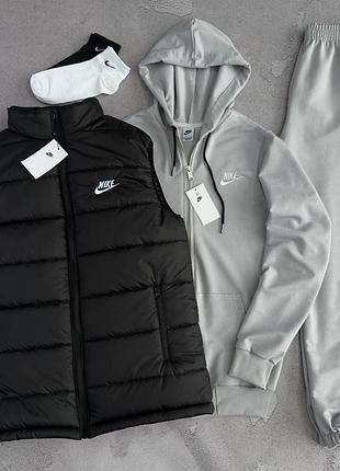 Сірий костюм nike зіп худі + капюшоном + штани + жилетка найк чорна на весна/літо/осінь