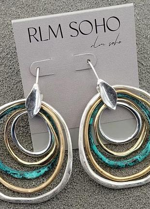 Сережки жіночі rlm soho з асиметричними багатошаровими кільцями, сріблясто-золотисті з бірюзовим акцентом, підвіски, металевий сплав, вінтажний стиль