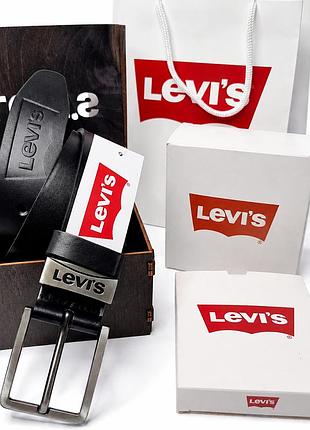 Ремінь шкіряний чоловічий levis класичний чорний брендовий пояс 130 см в подарунковій упаковці універсальний для штанів у коробочц