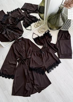 Жіночий комплект четвірка халат майка шорти штани eleanor collection m коричневий