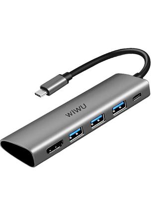 Хаб usb c 4 в 1 wiwu alpha a440 pro сірий адаптер для під'єднання пристроїв