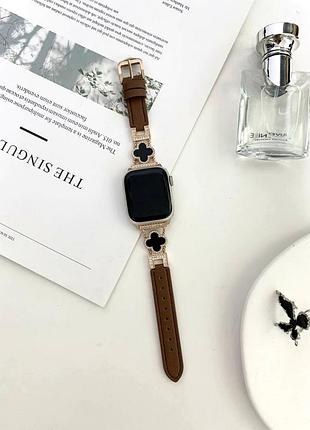 Ремінець leaf clover для apple watch series 3 38 mm 4 40 mm 7 41 mm шкіряний з металевими елементами silver&brown
