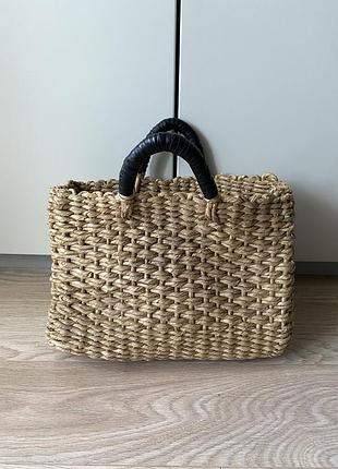 Сумка корзина, соломенная, ручки кожа