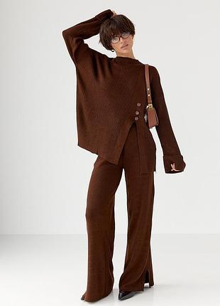 Вязаный костюм в рубчик свободной кроя - коричневый цвет, one size (имеется размеры)