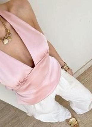 Zara розовый атласный топ халтер с завязками
