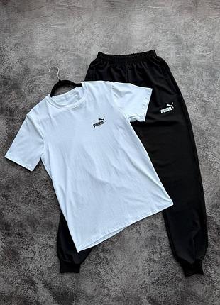 Костюм спортивний чоловічий puma, біла футболка + чорні штани, бавовна, накладний логотип, туреччина, s-xxl