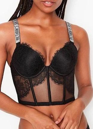 Victoria’s secret чорний мереживний корсет-бюстьє з кристалами на бретелях