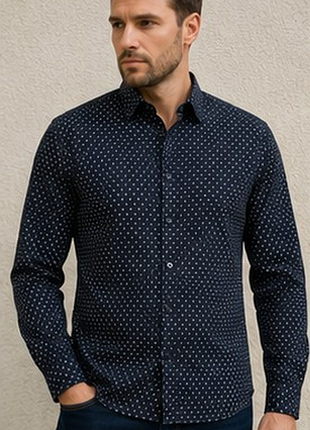 Чоловіча сорочка esprit slim fit темно-синя з дрібним принтом