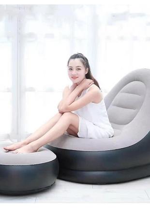 Надувне крісло диван 2в1 з пуфиком для ніг a-sofa до 150 кг із насосом чорний із сірим
