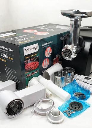 Электрическая мясорубка rainberg rb-673 с соковыжималкой и шинковкой 9 насадок 3000w с реверсом