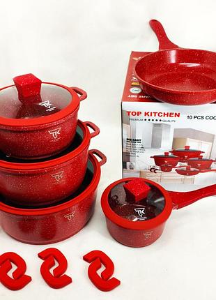 Набір каструль top kitchen tk00050 10 предметів сковорода та каструлі з антипригарним покриттям red