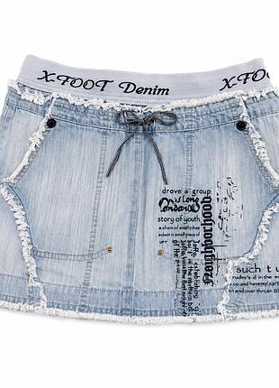 X-foot denim джинсова мініспідниця з бахромою та принтом, блакитна гранж