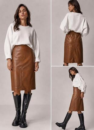 Кожаная шикарная юбка миди из натуральной кожи hennes for h&amp;m