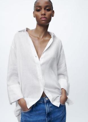 Біла лляна жіноча сорочка з асиметричними низом zara вільного крою оверсайз