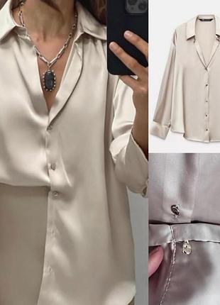 Рубашка zara, женская атласная рубашка с длинным рукавом бежевого цвета
