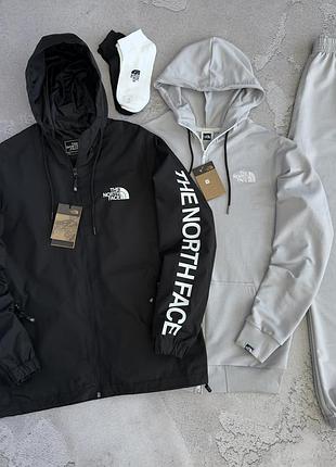 Мужской спортивный костюм the north face черная/белая ветровка+серая сопка с капюшоном + штаны tnf демисезон s / m / l / xl / xxl