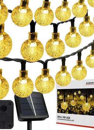 Солнечная гирлянда 50 led-шарик, superled soli - длина 9.5 м, теплый белый свет, ip65, датчик сумерек, для сада, террасы