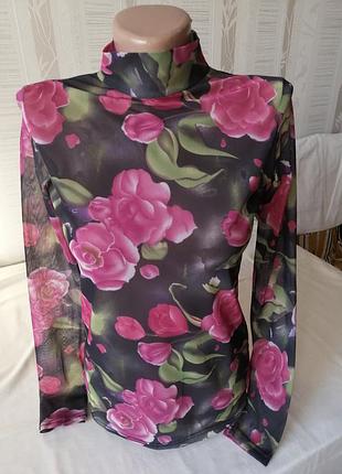 Прозрачная водолазка-сетка с принтом роз (лонгслив/топ).