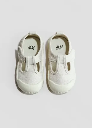 Слипоны светло-бежевые хлопковые детские тапочки на липучке h&amp;m р.18/19, 20/21, 22, 23, 24