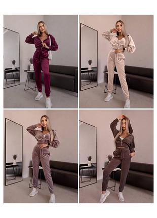 Велюровий костюм жіночий 42-50 р. кофта з капюшоном на блискавці та штани джоггери у трендових кольорах