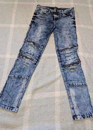 Байкерські джинси forty five acid wash (розмір 14 / підліток або xs-s / потертості та блискавки)