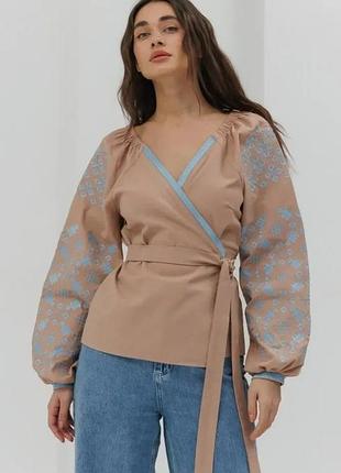 Бежева вишиванка на запах arjen, льон/віскоза, l-xl