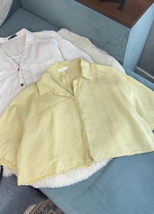Лляна сорочка колір вершкове масло короткий рукав 100% льон h&m жіноча с