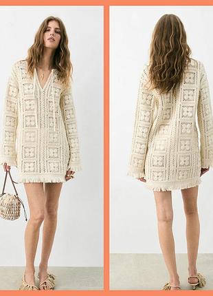 Hm кремовая платье-туника с эффектом кроше от h&m бахрома натуральная хлопковая хлопок