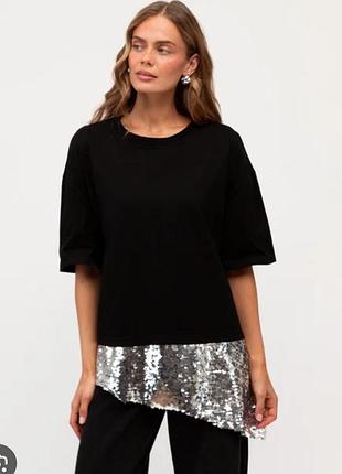 Черная асимметричная футболка zara с пайетками