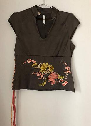 Шовковий топ-корсет karen millen з квітковою вишивкою та шнурівкою (94% шовк) / топ у східному стилі