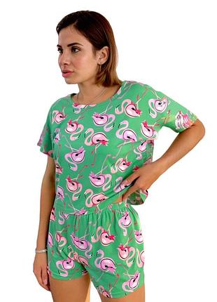 Піжама шорти + футболка "flamingo" зелена