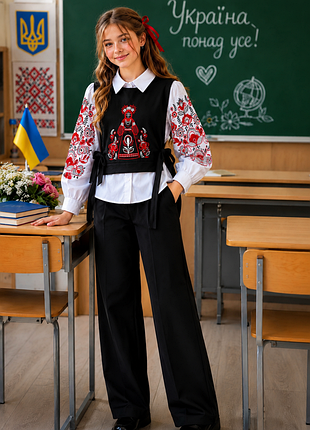 Шикарный комплект 3в1: палаццо, вышиванка + жилетка мотанка для девочки, школьная форма, костюм манишка корсет