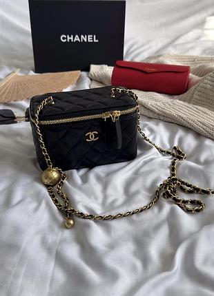Chanel classic black lambskin pearl crush vanity bag gold
