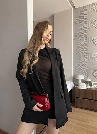 Костюм-двойка из костюмки, удлиненный пиджак и юбка-шорты с запахом, черный, размер 44/46