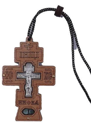 Хрест дерев'яний на дзеркало заднього виду на нитці під склом (5,5х7,5см)